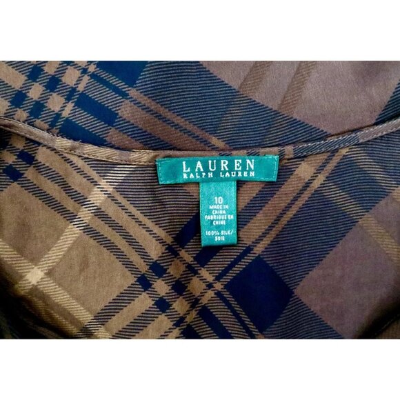 NEW! Lauren Ralph Lauren 100% Silk Wrap Blouse Plaid V-neck Ruffles Brown SZ 10 - Picture 7 of 7